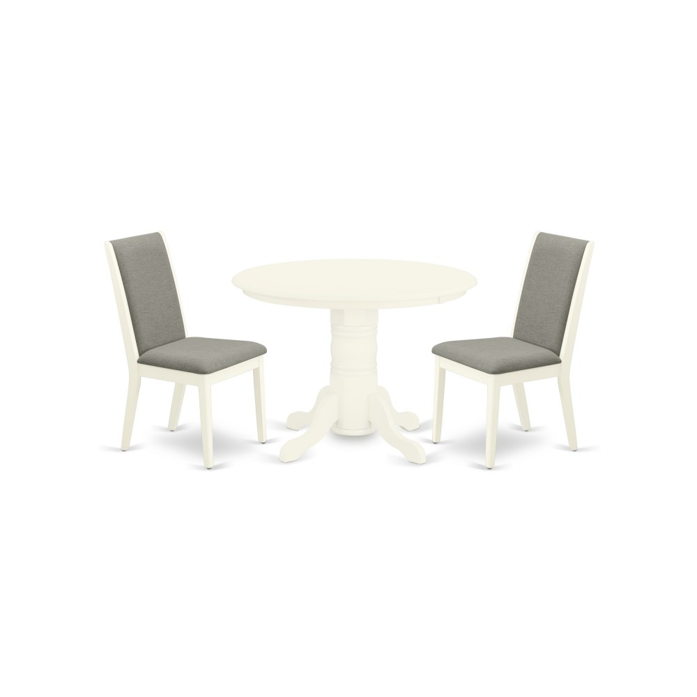 3Pc Wood Dining Set, Round Table, 2 Chairs, Shitake Chairs Seat, Rubber Wood Legs, Linen White