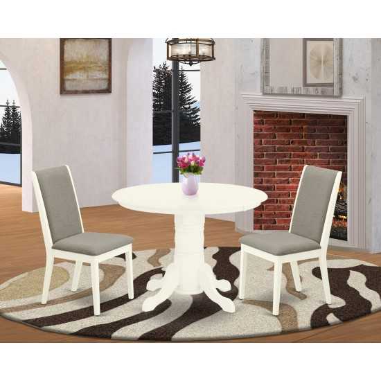 3Pc Wood Dining Set, Round Table, 2 Chairs, Shitake Chairs Seat, Rubber Wood Legs, Linen White