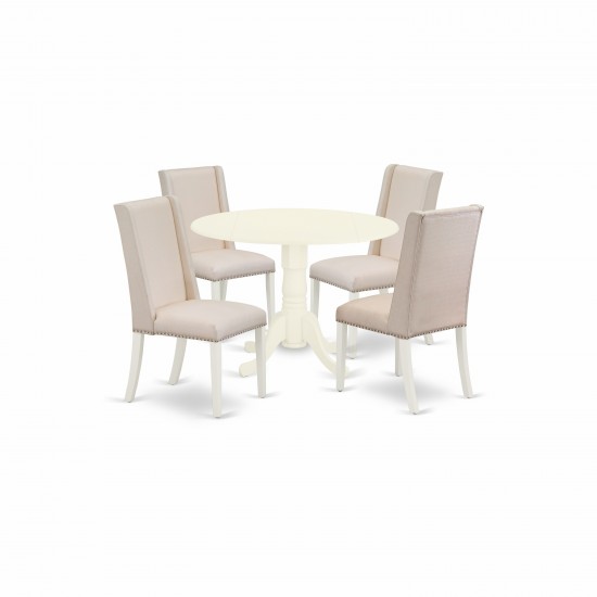 5Pc Round Dinette Set, Round Living Table, 4 Fabric Kitchen Chairs, Cream Parson Chairs Seat, Rubber Wood Legs, Linen White