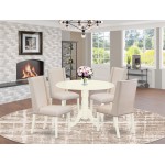 5Pc Round Dinette Set, Round Living Table, 4 Fabric Kitchen Chairs, Cream Parson Chairs Seat, Rubber Wood Legs, Linen White