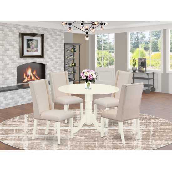 5Pc Round Dinette Set, Round Living Table, 4 Fabric Kitchen Chairs, Cream Parson Chairs Seat, Rubber Wood Legs, Linen White