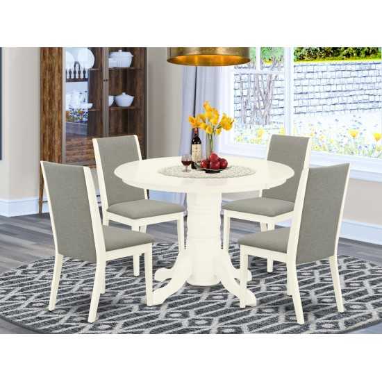 5Pc Kitchen Dining Set- 4 Parson Chairs, Round Table Hardwood Frame -High Back & Linen White Finish