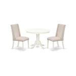 3Pc Kitchen Set, Round Dinette Table, 2 Dining Chairs, Cream Dining Chairs Seat, Rubber Wood Legs, Linen White