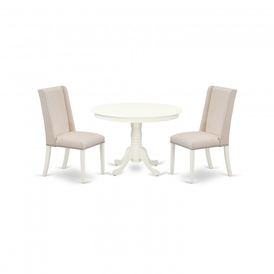 3Pc Kitchen Set, Round Dinette Table, 2 Dining Chairs, Cream Dining Chairs Seat, Rubber Wood Legs, Linen White