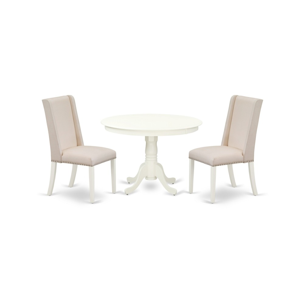 3Pc Kitchen Set, Round Dinette Table, 2 Dining Chairs, Cream Dining Chairs Seat, Rubber Wood Legs, Linen White