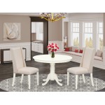 3Pc Kitchen Set, Round Dinette Table, 2 Dining Chairs, Cream Dining Chairs Seat, Rubber Wood Legs, Linen White