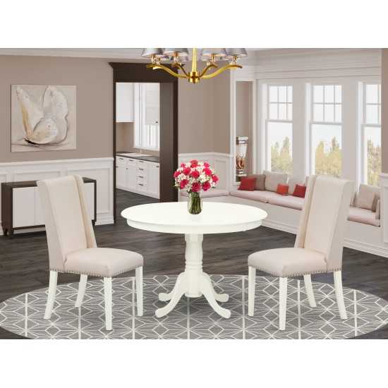 3Pc Kitchen Set, Round Dinette Table, 2 Dining Chairs, Cream Dining Chairs Seat, Rubber Wood Legs, Linen White