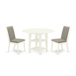 3-Pc Kitchen Dinette Set, Round Dining Table, Two Shelves, 2 Dining Chairs, Shitake Dining Chairs Seat, Linen White