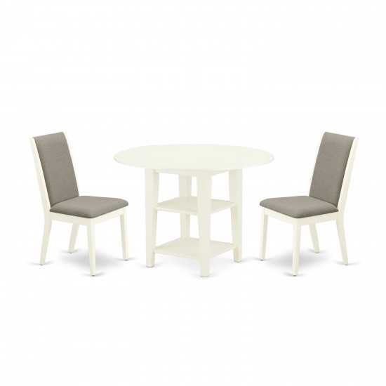 3-Pc Kitchen Dinette Set, Round Dining Table, Two Shelves, 2 Dining Chairs, Shitake Dining Chairs Seat, Linen White