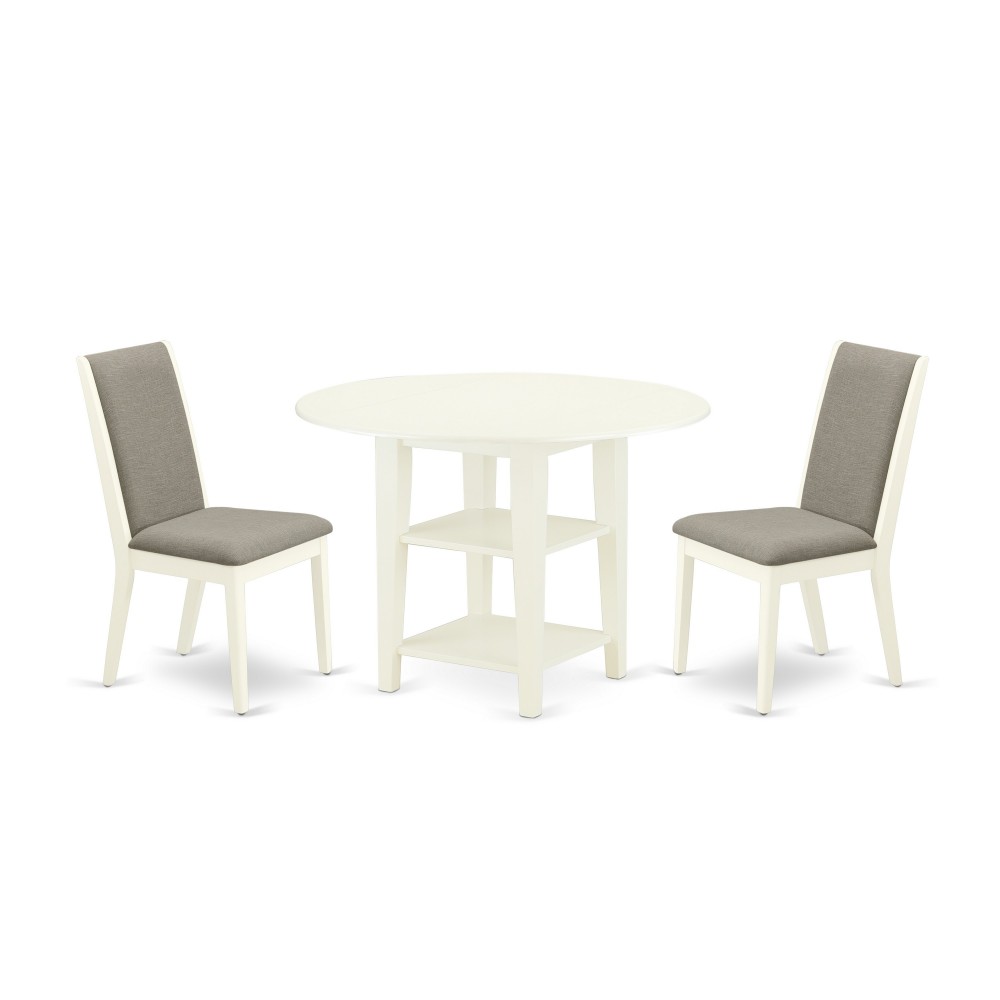 3-Pc Kitchen Dinette Set, Round Dining Table, Two Shelves, 2 Dining Chairs, Shitake Dining Chairs Seat, Linen White