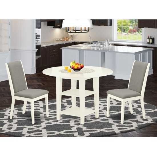 3-Pc Kitchen Dinette Set, Round Dining Table, Two Shelves, 2 Dining Chairs, Shitake Dining Chairs Seat, Linen White