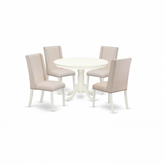 5Pc Dining Set- 4 Parson Dining Chairs, Table Solid Wood Structure -High Back & Linen White Finish