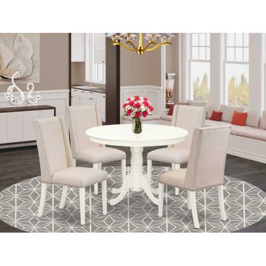 5Pc Dining Set- 4 Parson Dining Chairs, Table Solid Wood Structure -High Back & Linen White Finish