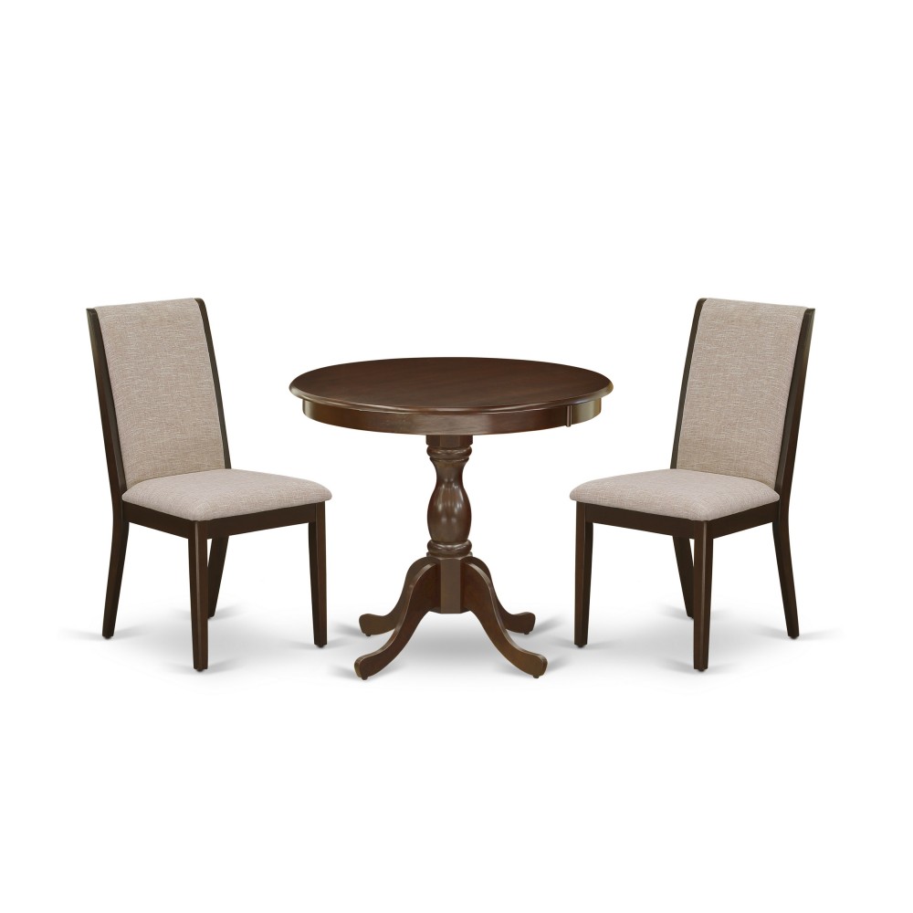 3Pc Wooden Dining Set, 1 Round Pedestal Table, 2 Light Tan Chairs, Mahogany