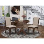 3Pc Wooden Dining Set, 1 Round Pedestal Table, 2 Light Tan Chairs, Mahogany