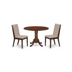 3Pc Dining Set, Round Table, 2 Chairs, Light Tan Chairs Seat, Rubber Wood Legs, Mahogany