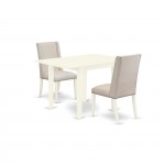 3Pc Dining Kitchen Set, Drop Leave Kitchen Table, 2 Parson Chairs, Cream Chairs Seat, Rubber Wood Legs, Linen White