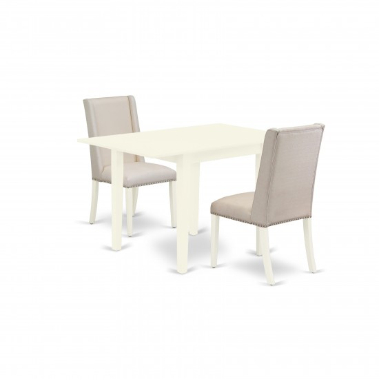 3Pc Dining Kitchen Set, Drop Leave Kitchen Table, 2 Parson Chairs, Cream Chairs Seat, Rubber Wood Legs, Linen White