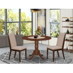 3Pc Dining Set, Round Table, 2 Chairs, Light Tan Chairs Seat, Rubber Wood Legs, Mahogany