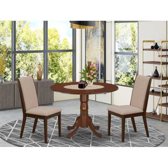 3Pc Dining Set, Round Table, 2 Chairs, Light Tan Chairs Seat, Rubber Wood Legs, Mahogany