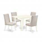 5Pc Small Dining Set- 4 Parson Chairs, Drop Leaf Table Solid Wood Structure -High Back & Linen White Finish