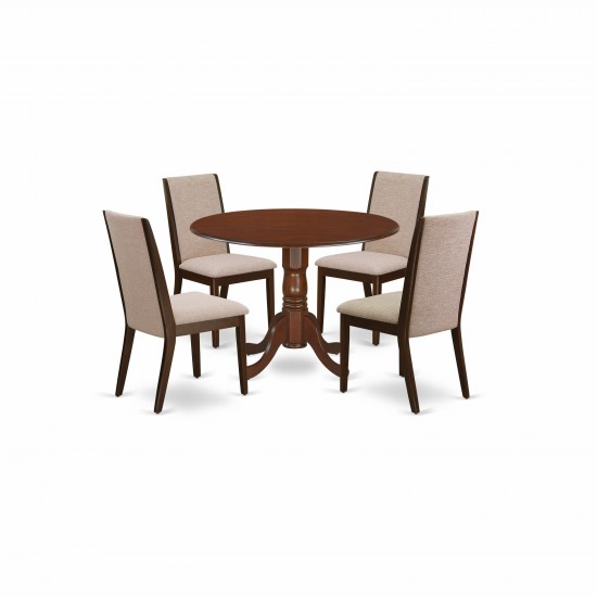 5Pc Round Kitchen Set, Dining Table, 4 Kitchen Chairs, Light Tan Kitchen Chairs Seat, Rubber Wood Legs, Mahogany