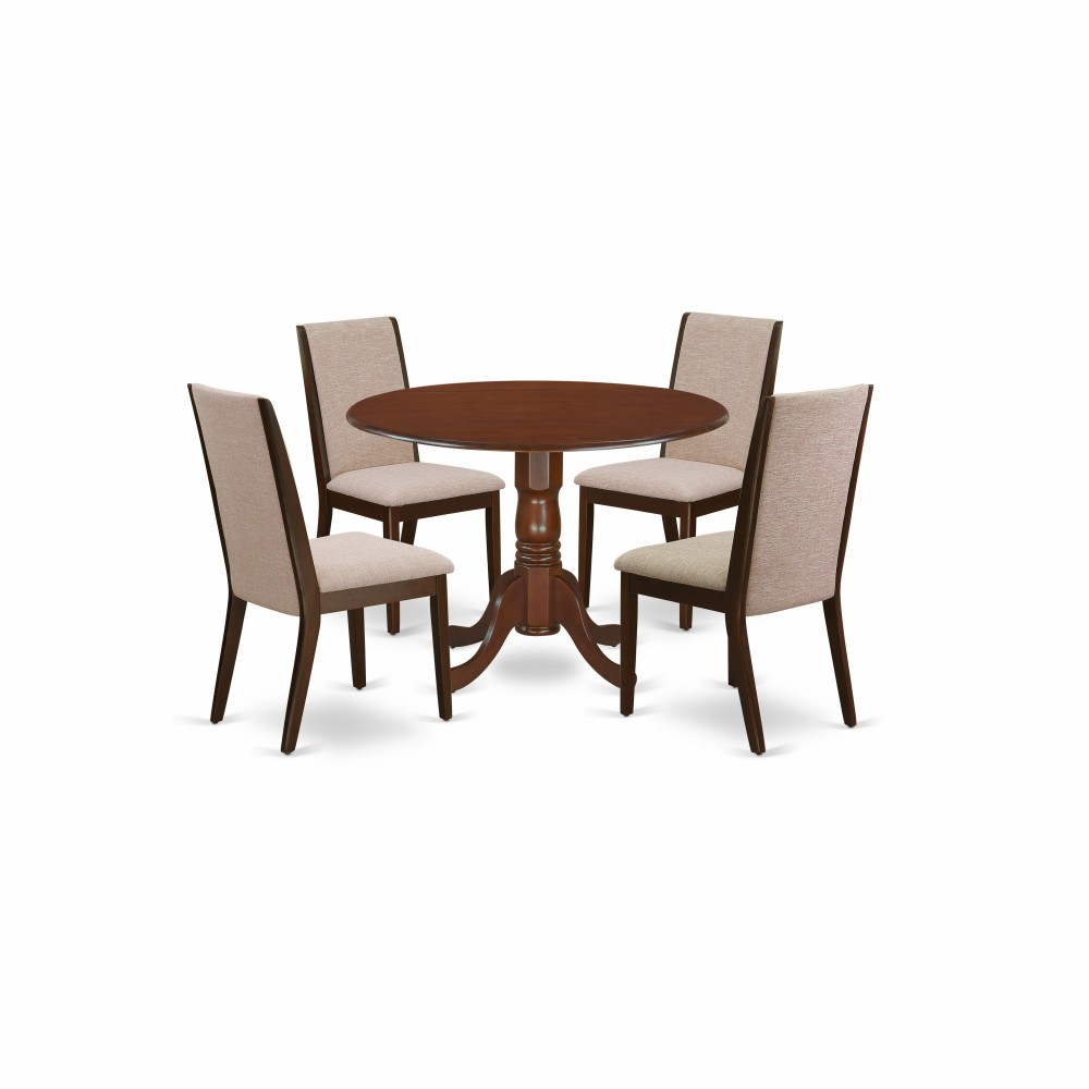 5Pc Round Kitchen Set, Dining Table, 4 Kitchen Chairs, Light Tan Kitchen Chairs Seat, Rubber Wood Legs, Mahogany