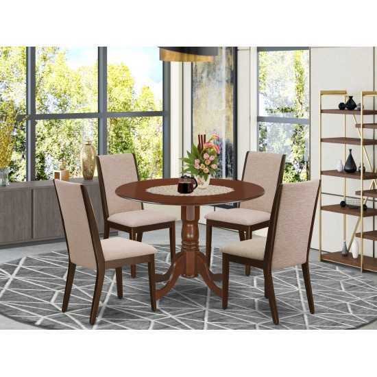 5Pc Round Kitchen Set, Dining Table, 4 Kitchen Chairs, Light Tan Kitchen Chairs Seat, Rubber Wood Legs, Mahogany