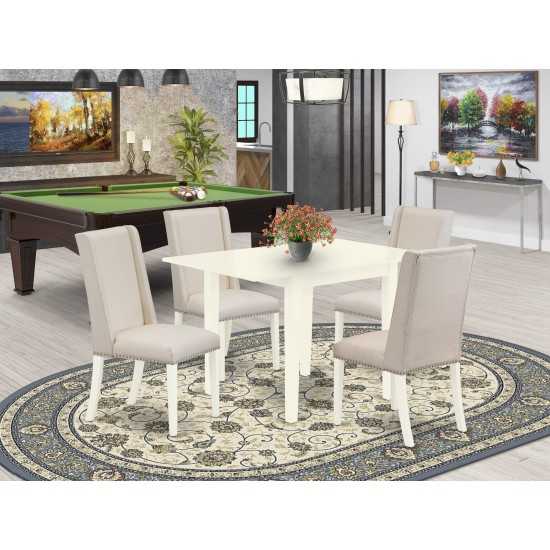 5Pc Small Dining Set- 4 Parson Chairs, Drop Leaf Table Solid Wood Structure -High Back & Linen White Finish