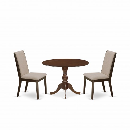 3 Pc Dining Set, Mahogany Breakfast Table, 2 Light Tan Chairs, High Back, Mahogany Finish