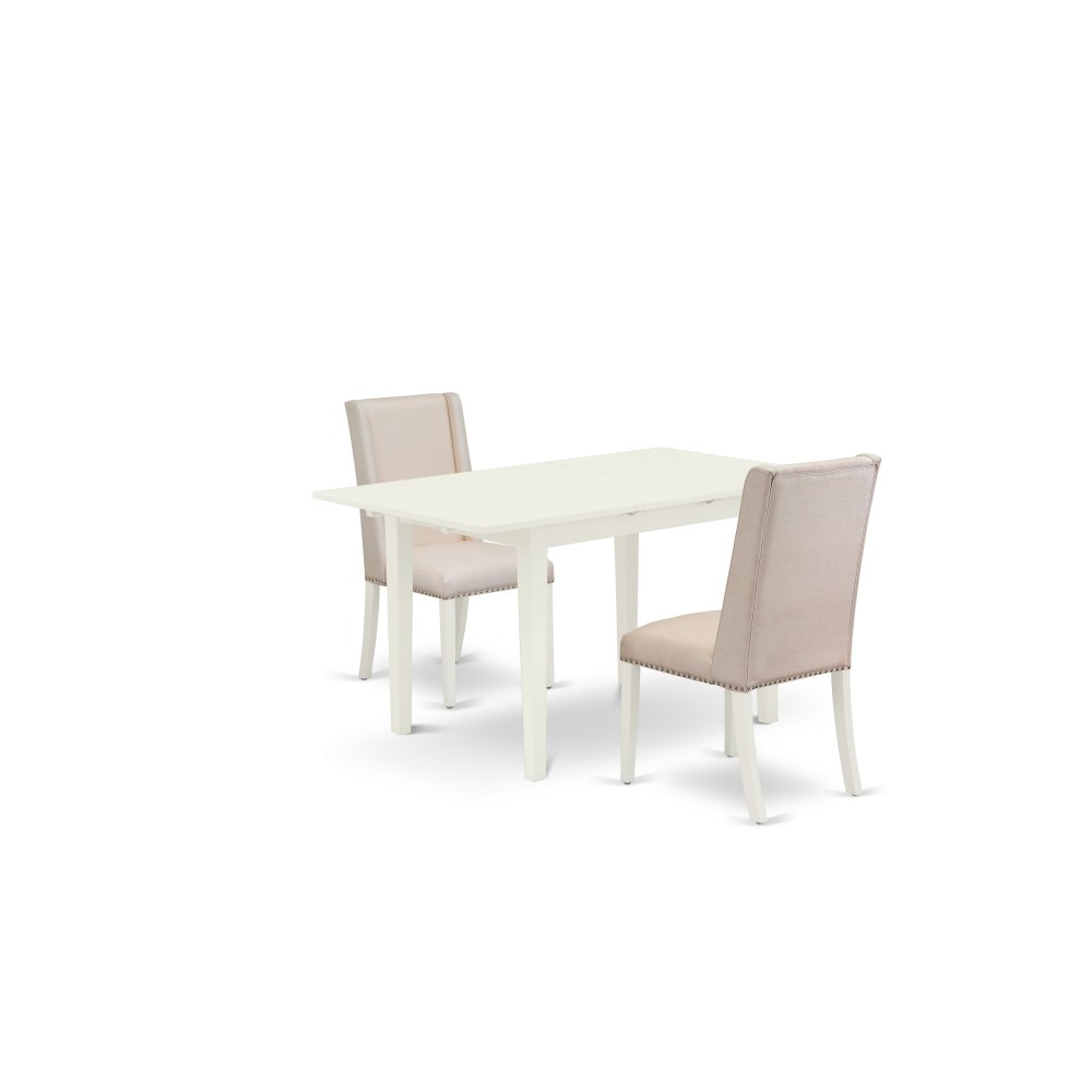 3Pc Dinette Set, Nail Head Kitchen Chairs, High Back, Upholstered Seat, Butterfly Leaf Wood Table, Linen White