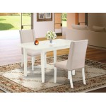 3Pc Dinette Set, Nail Head Kitchen Chairs, High Back, Upholstered Seat, Butterfly Leaf Wood Table, Linen White