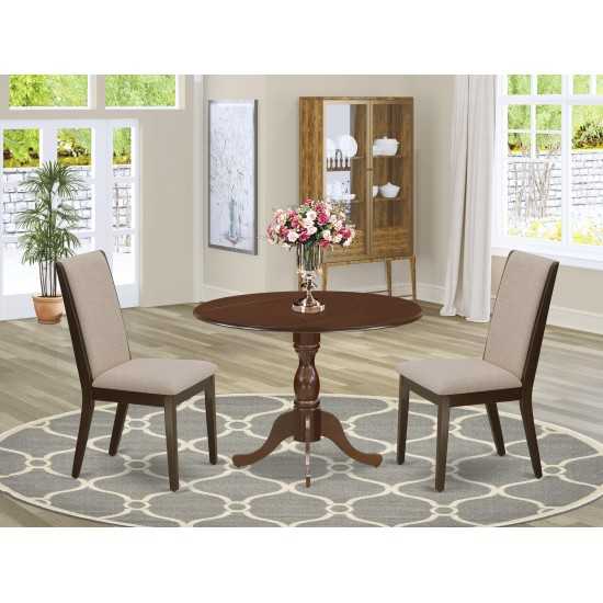 3 Pc Dining Set, Mahogany Breakfast Table, 2 Light Tan Chairs, High Back, Mahogany Finish