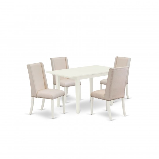 5Pc Kitchen Set, Nail Head Dining Chairs, High Back, Upholstered Seat, Butterfly Leaf Wood Dining Table, Linen White