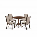 5 Pc Dining Set, Mahogany Wood Table, 4 Light Tan Upholstered Chairs, High Back, Mahogany Finish