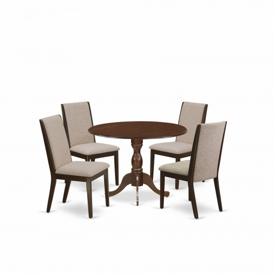 5 Pc Dining Set, Mahogany Wood Table, 4 Light Tan Upholstered Chairs, High Back, Mahogany Finish