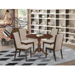 5 Pc Dining Set, Mahogany Wood Table, 4 Light Tan Upholstered Chairs, High Back, Mahogany Finish