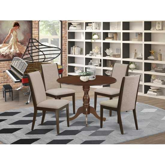 5 Pc Dining Set, Mahogany Wood Table, 4 Light Tan Upholstered Chairs, High Back, Mahogany Finish