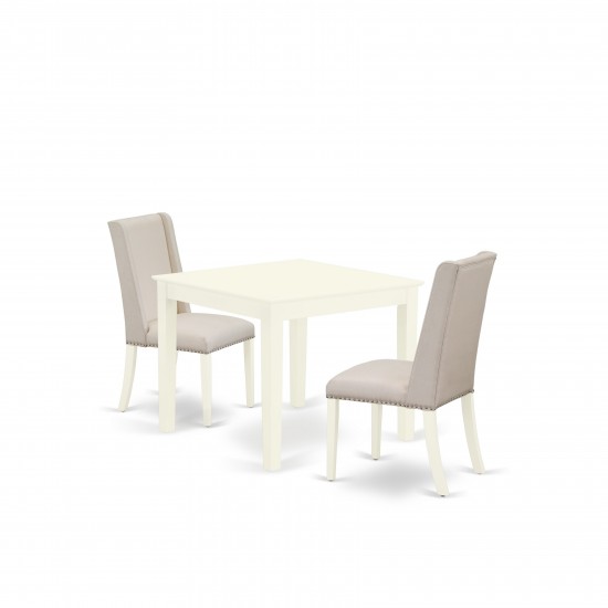 3-Pc Kitchen Dinette Set, Dining Table, 2 Kitchen Parson Chairs, Cream Kitchen Chairs Seat, Rubber Wood Legs, Linen White