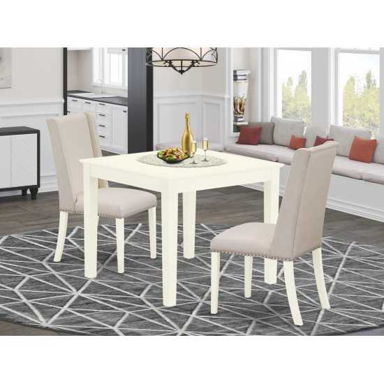 3-Pc Kitchen Dinette Set, Dining Table, 2 Kitchen Parson Chairs, Cream Kitchen Chairs Seat, Rubber Wood Legs, Linen White