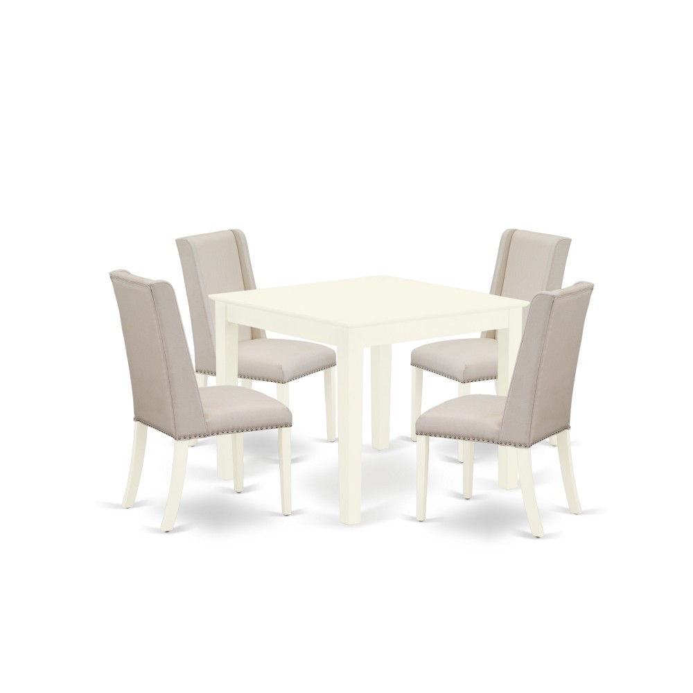 5Pc Dinette Set4 Parson Chairs, Dining Table Solid Wood Structure High Back & Linen White Finish