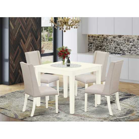 5Pc Dinette Set4 Parson Chairs, Dining Table Solid Wood Structure High Back & Linen White Finish