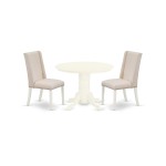 3Pc Dining Set, Round Table, 2 Upholstered Chairs, Cream Upholstered Chairs Seat, Rubber Wood Legs, Linen White