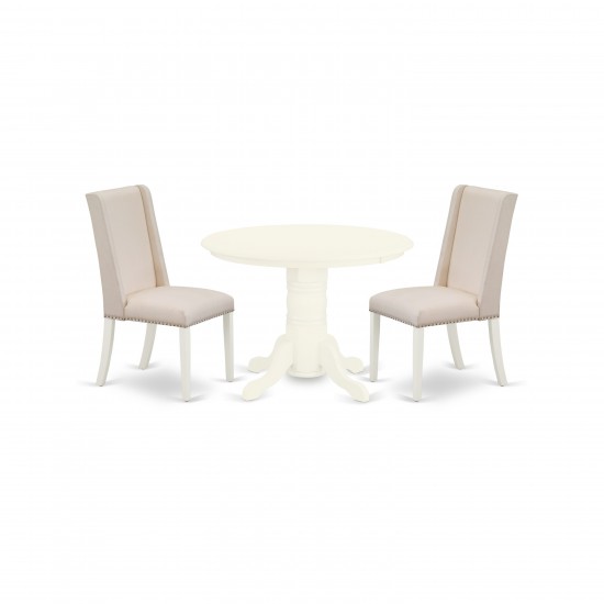 3Pc Dining Set, Round Table, 2 Upholstered Chairs, Cream Upholstered Chairs Seat, Rubber Wood Legs, Linen White