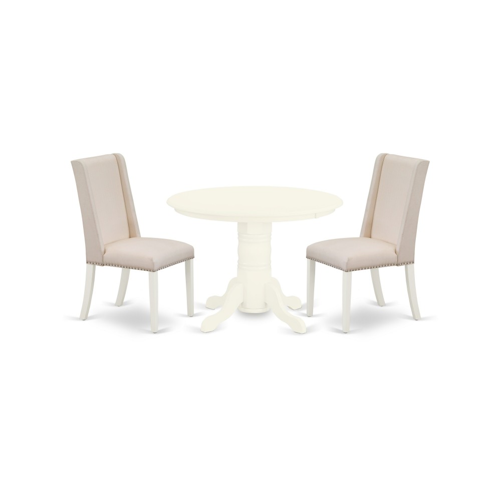 3Pc Dining Set, Round Table, 2 Upholstered Chairs, Cream Upholstered Chairs Seat, Rubber Wood Legs, Linen White