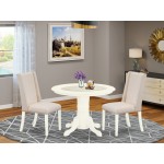 3Pc Dining Set, Round Table, 2 Upholstered Chairs, Cream Upholstered Chairs Seat, Rubber Wood Legs, Linen White