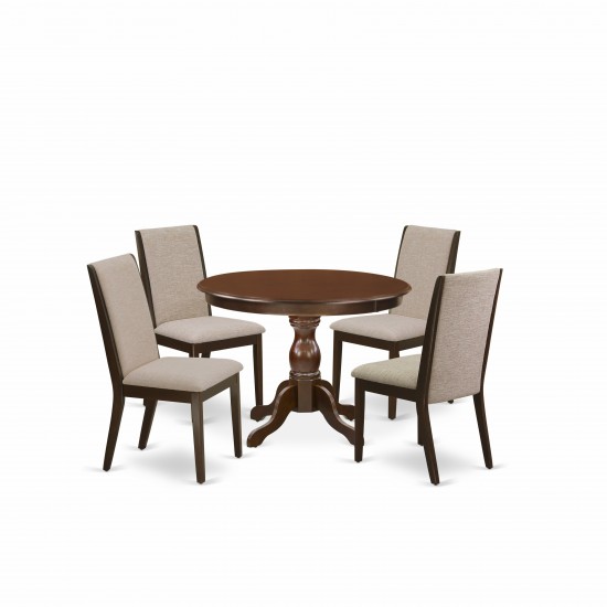 5 Pc Kitchen Set, Mahogany Round Dining Table, 4 Light Tan Kitchen Chairs, High Back, Mahogany Finish