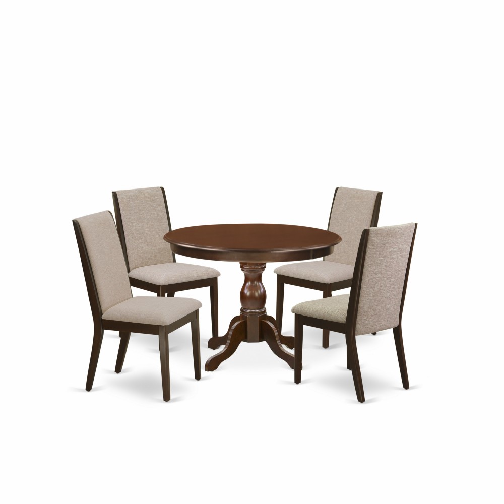 5 Pc Kitchen Set, Mahogany Round Dining Table, 4 Light Tan Kitchen Chairs, High Back, Mahogany Finish