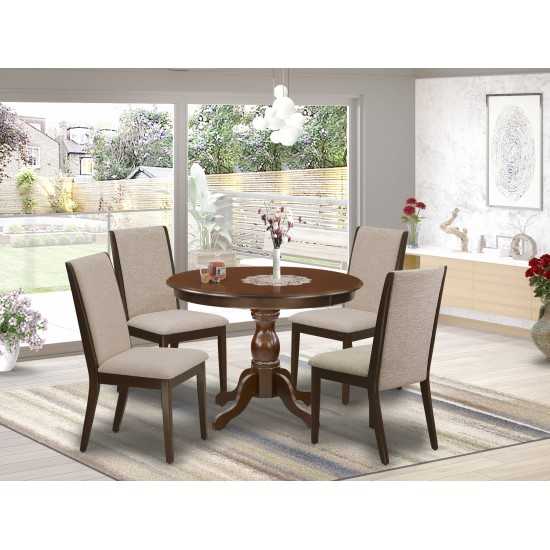 5 Pc Kitchen Set, Mahogany Round Dining Table, 4 Light Tan Kitchen Chairs, High Back, Mahogany Finish