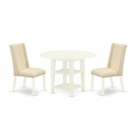 3Pc Dinette Set, Round Dining Table, Two Shelves, 2 Dining Chairs, Cream Dining Chairs Seat, Linen White